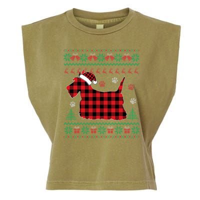 Scottie Dog Christmas Pajama Red Plaid Scottish Ugly Sweater Garment-Dyed Women's Muscle Tee