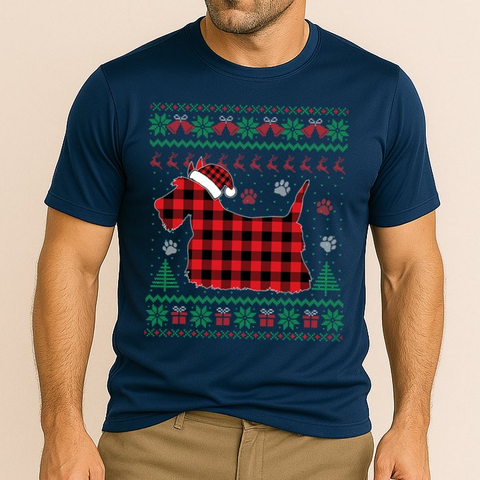 Scottie Dog Christmas Pajama Red Plaid Scottish Ugly Sweater Cooling Performance Crew T-Shirt