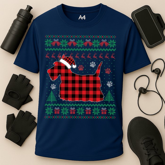 Scottie Dog Christmas Pajama Red Plaid Scottish Ugly Sweater Cooling Performance Crew T-Shirt