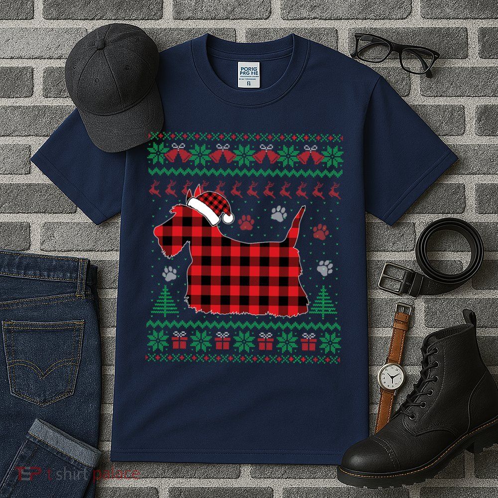 Scottie Dog Christmas Pajama Red Plaid Scottish Ugly Sweater Tall T-Shirt