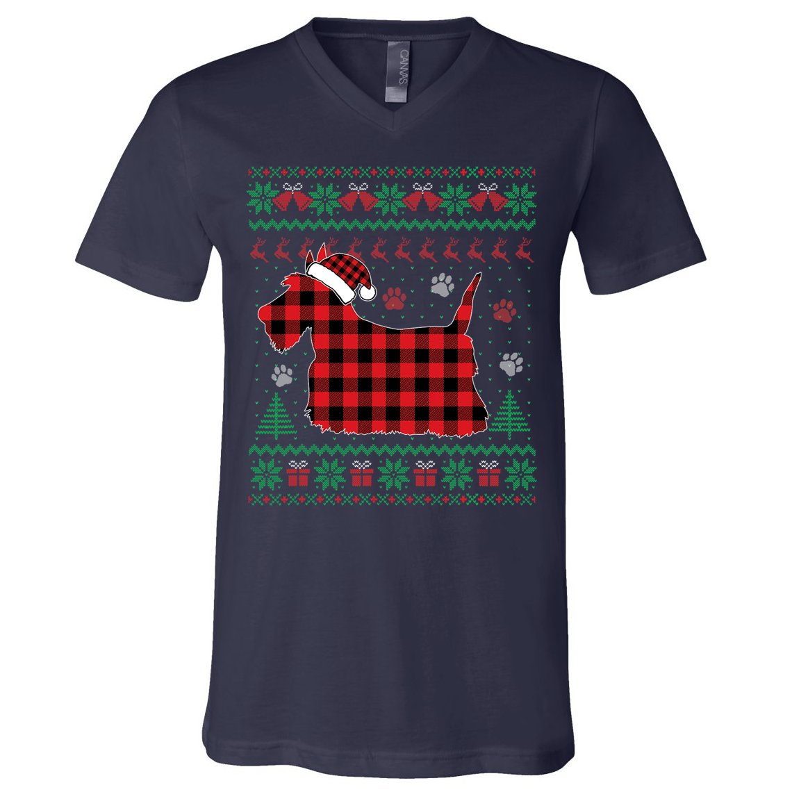 Scottie Dog Christmas Pajama Red Plaid Scottish Ugly Sweater V-Neck T-Shirt