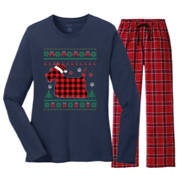 Scottie Dog Christmas Pajama Red Plaid Scottish Ugly Sweater Women's Long Sleeve Flannel Pajama Set 