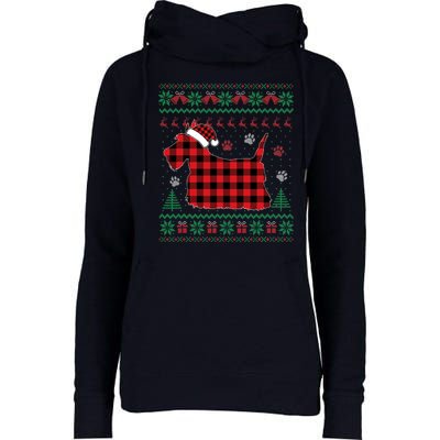 Scottie Dog Christmas Pajama Red Plaid Scottish Ugly Sweater Womens Funnel Neck Pullover Hood