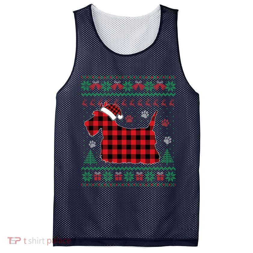 Scottie Dog Christmas Pajama Red Plaid Scottish Ugly Sweater Mesh Reversible Basketball Jersey Tank