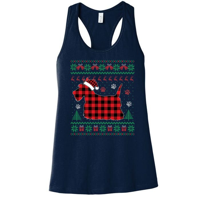 Scottie Dog Christmas Pajama Red Plaid Scottish Ugly Sweater Women's Racerback Tank