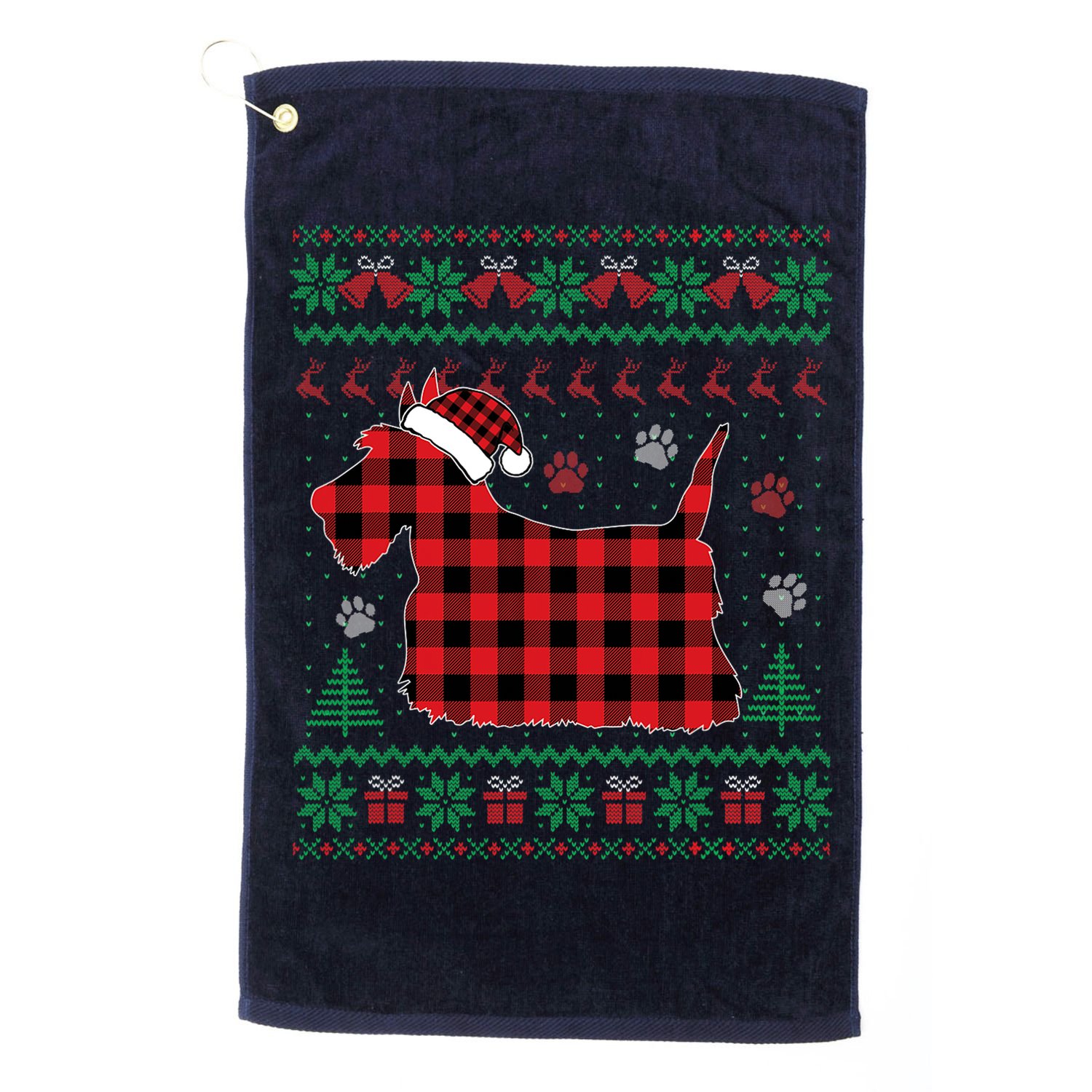 Scottie Dog Christmas Pajama Red Plaid Scottish Ugly Sweater Golf Towel