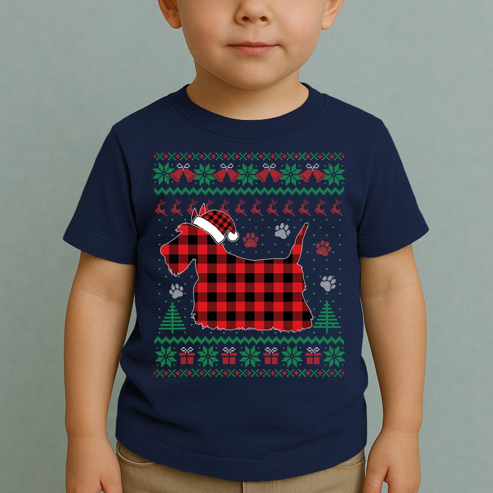 Scottie Dog Christmas Pajama Red Plaid Scottish Ugly Sweater Toddler T-Shirt