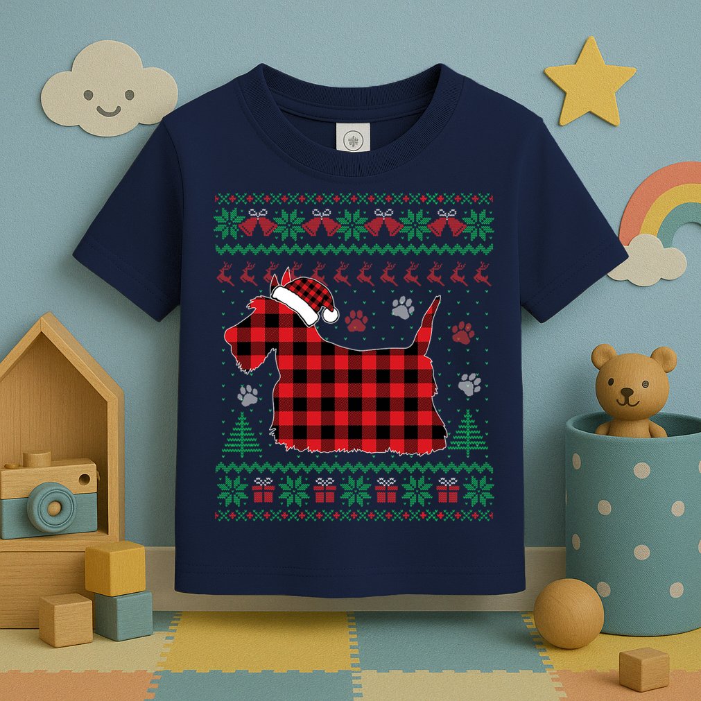 Scottie Dog Christmas Pajama Red Plaid Scottish Ugly Sweater Toddler T-Shirt