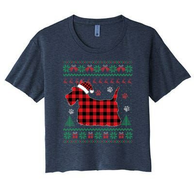 Scottie Dog Christmas Pajama Red Plaid Scottish Ugly Sweater Women's Crop Top Tee