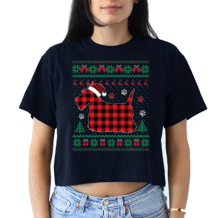 Scottie Dog Christmas Pajama Red Plaid Scottish Ugly Sweater Women's Crop Top Tee