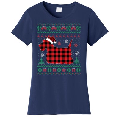 Scottie Dog Christmas Pajama Red Plaid Scottish Ugly Sweater Women's T-Shirt