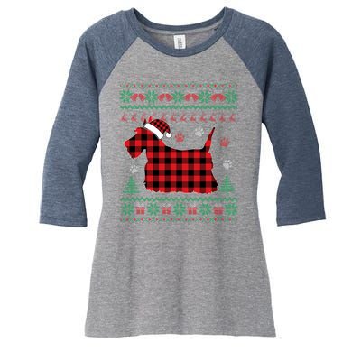 Scottie Dog Christmas Pajama Red Plaid Scottish Ugly Sweater Women's Tri-Blend 3/4-Sleeve Raglan Shirt