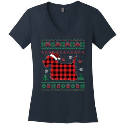 Scottie Dog Christmas Pajama Red Plaid Scottish Ugly Sweater Women's V-Neck T-Shirt