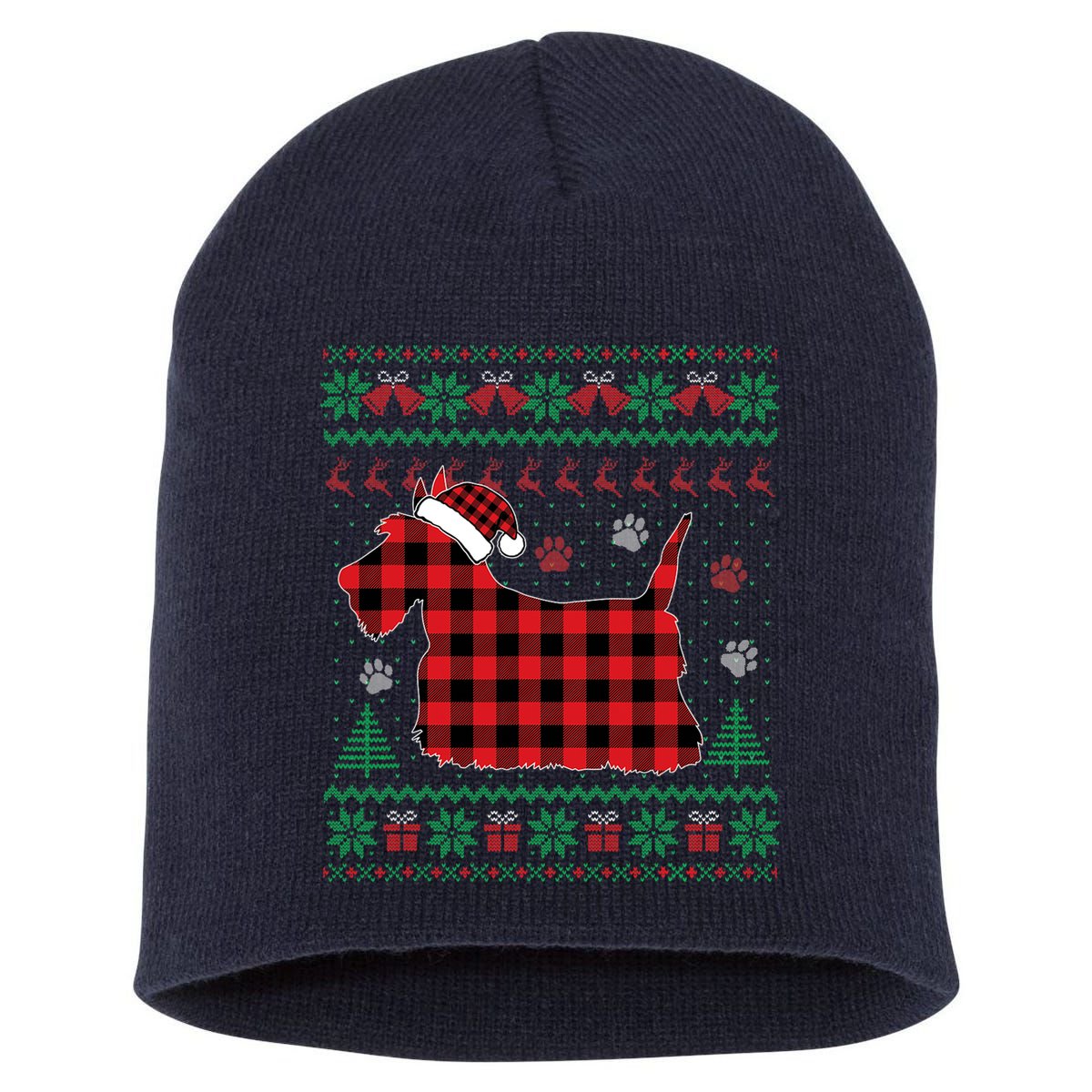 Scottie Dog Christmas Pajama Red Plaid Scottish Ugly Sweater Short Acrylic Beanie