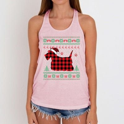 Scottie Dog Christmas Pajama Red Plaid Scottish Ugly Sweater Women's Knotted Racerback Tank