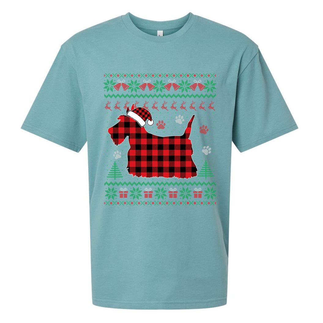 Scottie Dog Christmas Pajama Red Plaid Scottish Ugly Sweater Sueded Cloud Jersey T-Shirt
