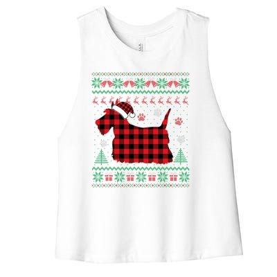 Scottie Dog Christmas Pajama Red Plaid Scottish Ugly Sweater Women's Racerback Cropped Tank