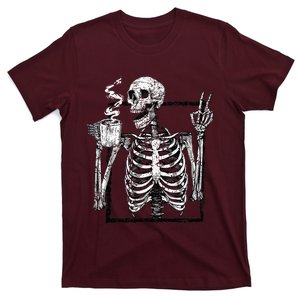 Skeleton Drinking Coffee Gothic Peace Sign Halloween Grunge T-Shirt