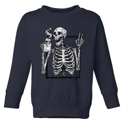 Skeleton Drinking Coffee Gothic Peace Sign Halloween Grunge Toddler Sweatshirt