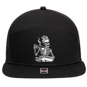 Skeleton Drinking Coffee Lazy & Easy Women Halloween Costume 7 Panel Mesh Trucker Snapback Hat