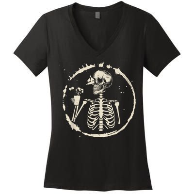 Skeleton Drinking Coffee shirt, Lazy Halloween Costume Skull Women's V-Neck T-Shirt