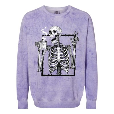 Skeleton Drinking Coffee Gothic Peace Sign Halloween Grunge Colorblast Crewneck Sweatshirt