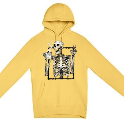 Skeleton Drinking Coffee Gothic Peace Sign Halloween Grunge Premium Pullover Hoodie