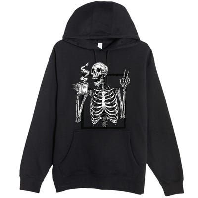 Skeleton Drinking Coffee Gothic Peace Sign Halloween Grunge Premium Pullover Hoodie