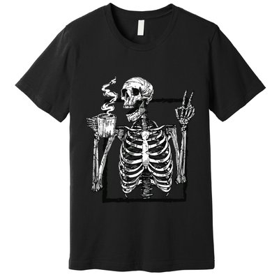 Skeleton Drinking Coffee Gothic Peace Sign Halloween Grunge Premium T-Shirt