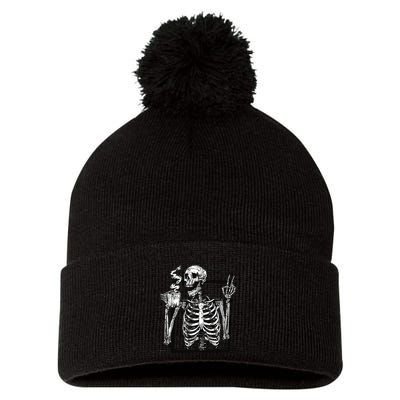 Skeleton Drinking Coffee Gothic Peace Sign Halloween Grunge Pom Pom 12in Knit Beanie