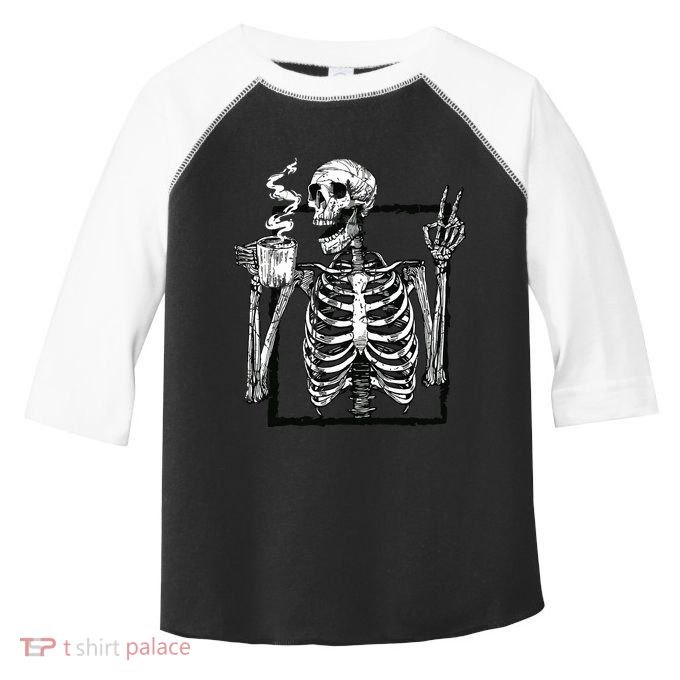 Skeleton Drinking Coffee Gothic Peace Sign Halloween Grunge Toddler Fine Jersey T-Shirt