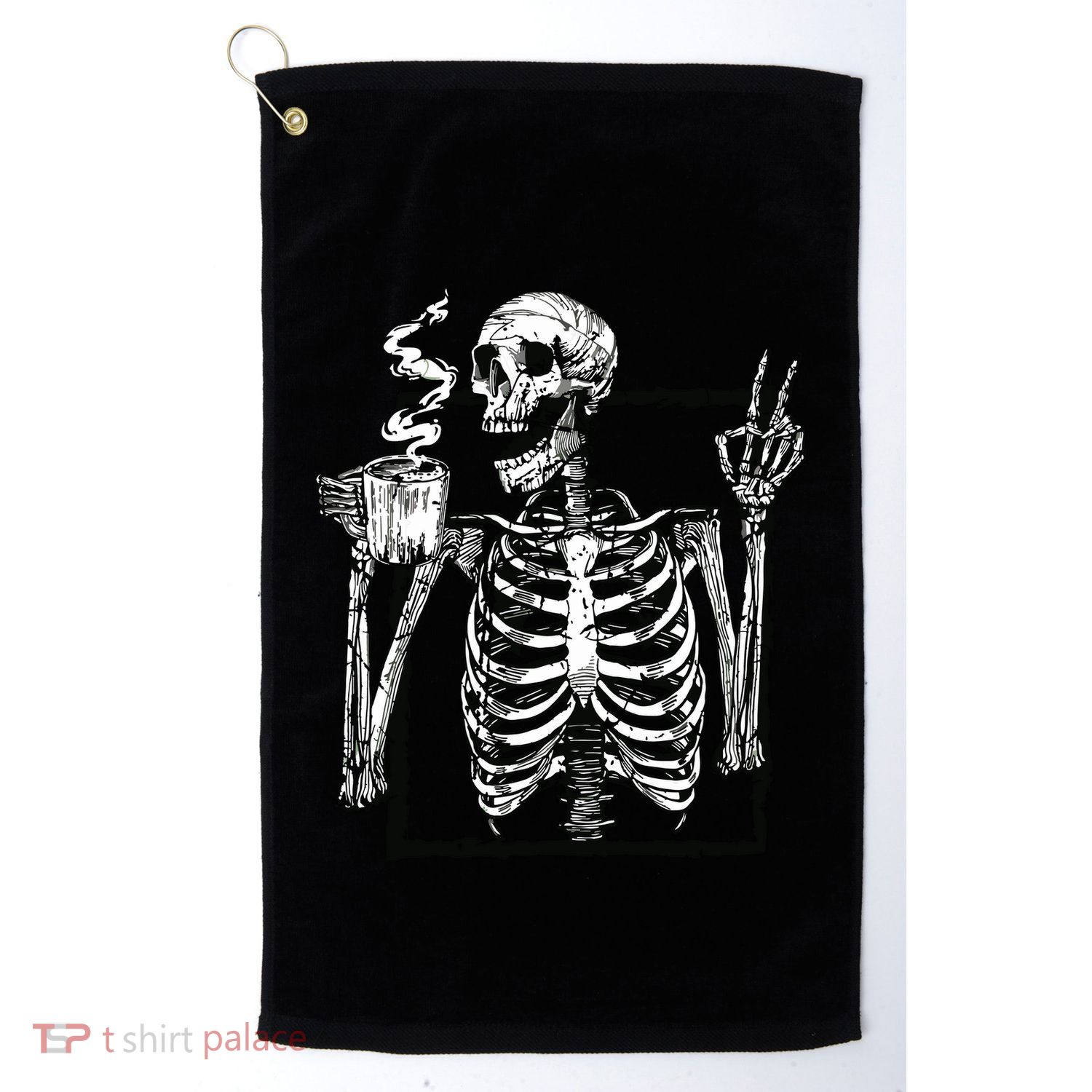 Skeleton Drinking Coffee Gothic Peace Sign Halloween Grunge Golf Towel