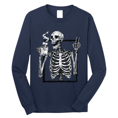 Skeleton Drinking Coffee Gothic Peace Sign Halloween Grunge Long Sleeve Shirt