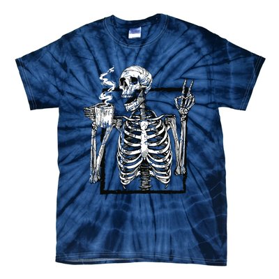 Skeleton Drinking Coffee Gothic Peace Sign Halloween Grunge Tie-Dye T-Shirt