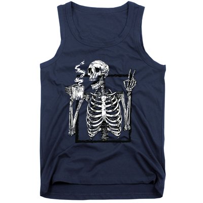 Skeleton Drinking Coffee Gothic Peace Sign Halloween Grunge Tank Top