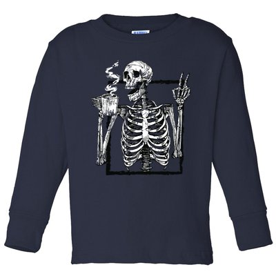 Skeleton Drinking Coffee Gothic Peace Sign Halloween Grunge Toddler Long Sleeve Shirt