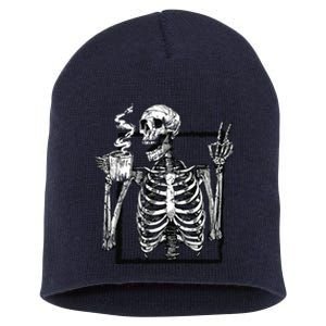 Skeleton Drinking Coffee Gothic Peace Sign Halloween Grunge Short Acrylic Beanie