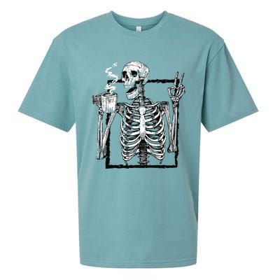 Skeleton Drinking Coffee Gothic Peace Sign Halloween Grunge Sueded Cloud Jersey T-Shirt