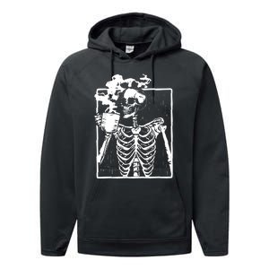 Skeleton Drinking Coffee Performance Fleece Hoodie