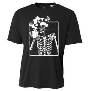 Skeleton Drinking Coffee Cooling Performance Crew T-Shirt