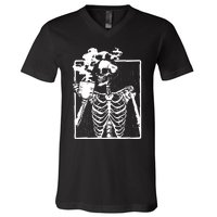 Skeleton Drinking Coffee V-Neck T-Shirt