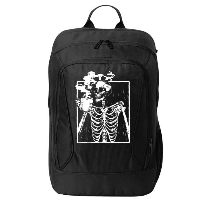 Skeleton Drinking Coffee City Backpack