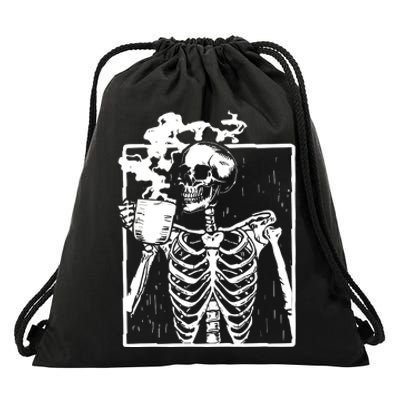 Skeleton Drinking Coffee Drawstring Bag