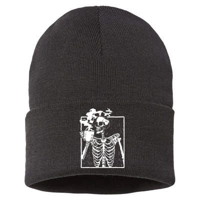 Skeleton Drinking Coffee Sustainable Knit Beanie