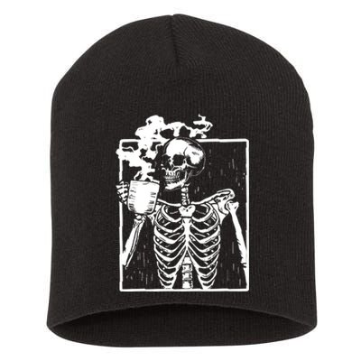 Skeleton Drinking Coffee Short Acrylic Beanie