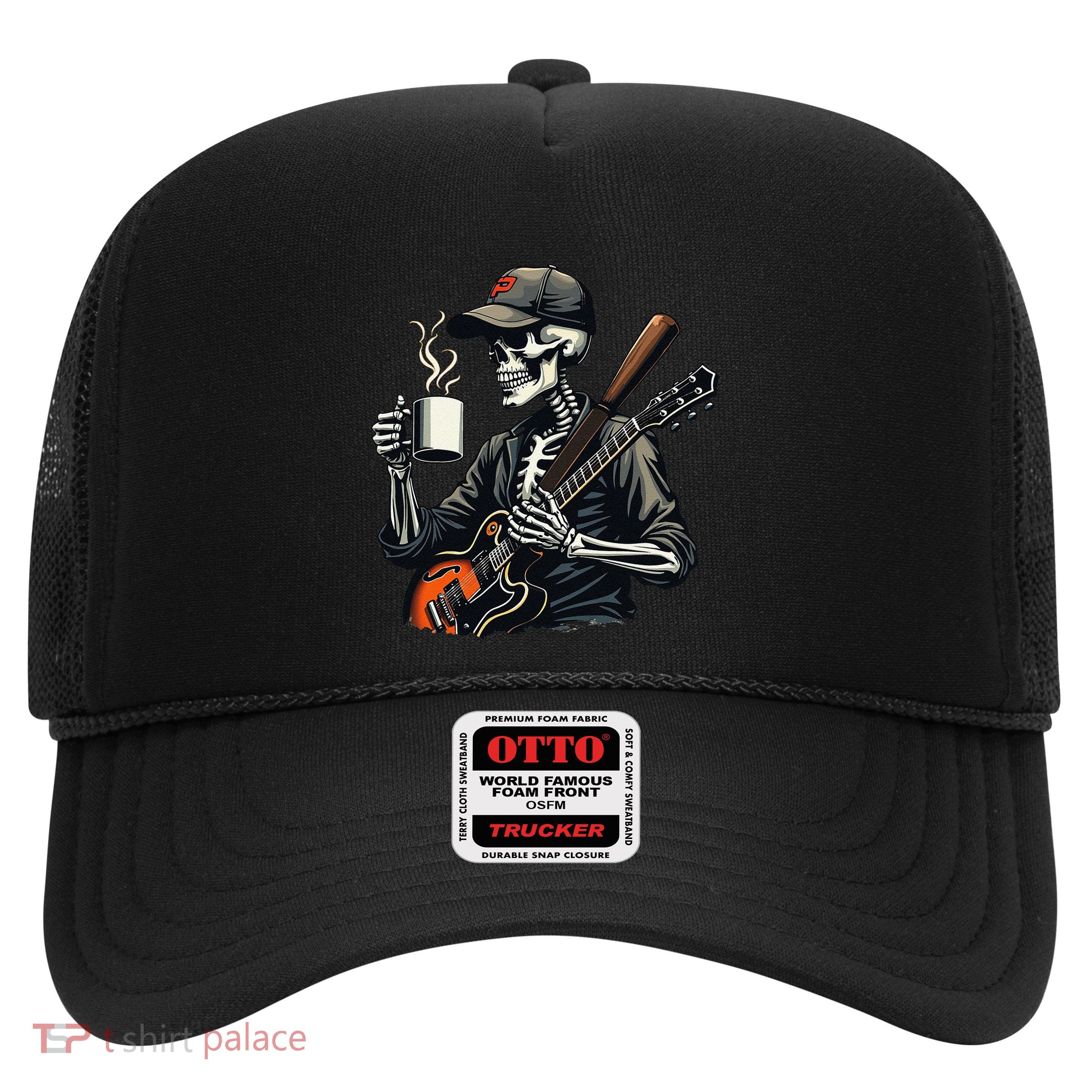 Skeleton Drinking Coffee Lover Funny Halloween Skull Trucker Hat