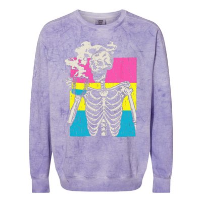 Skeleton Drinking Coffee LGBTQ Pansexual Pride Pan Flag Colorblast Crewneck Sweatshirt