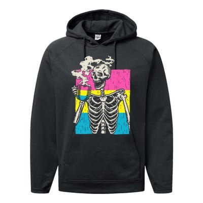 Skeleton Drinking Coffee LGBTQ Pansexual Pride Pan Flag Performance Fleece Hoodie