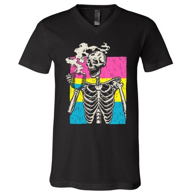 Skeleton Drinking Coffee LGBTQ Pansexual Pride Pan Flag V-Neck T-Shirt