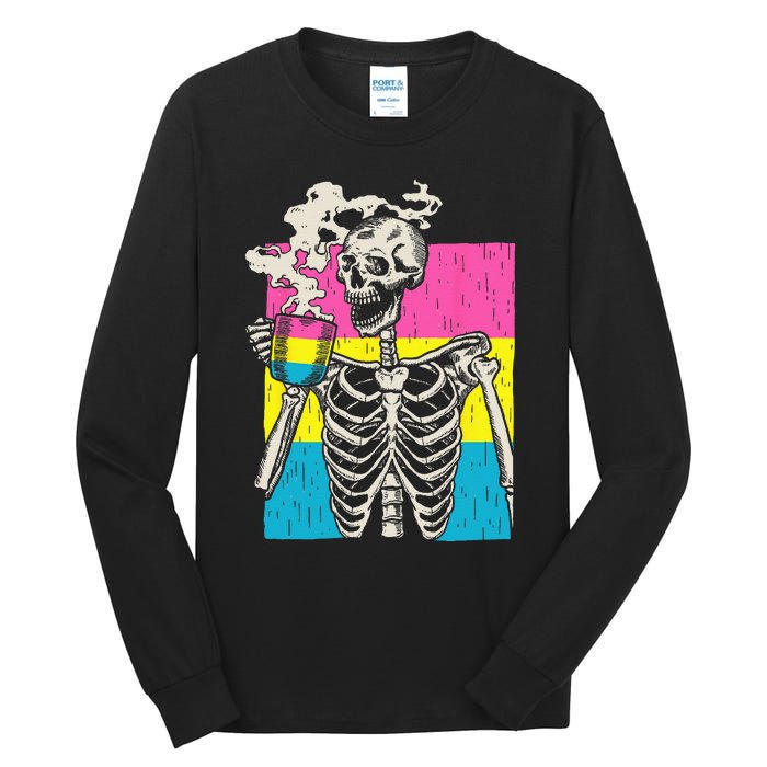 Skeleton Drinking Coffee LGBTQ Pansexual Pride Pan Flag Tall Long Sleeve T-Shirt